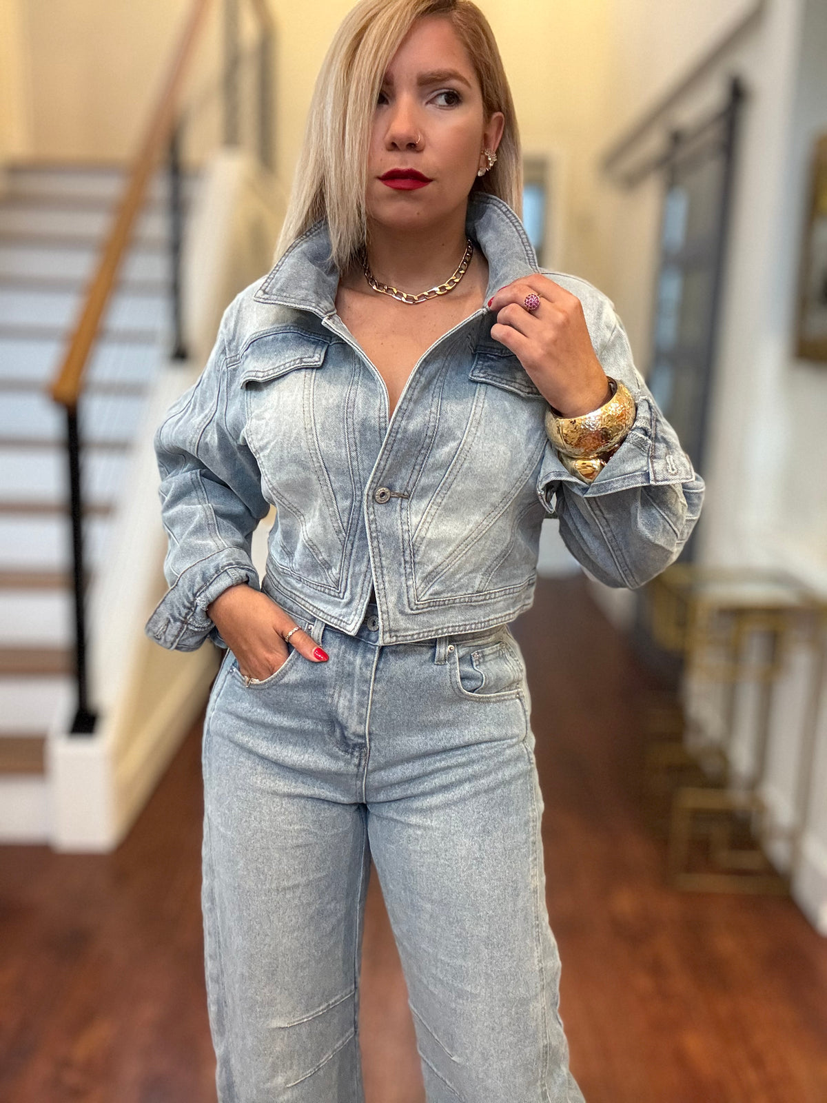 Light-wash denim jacket and jeans set, button front and chest flap pockets