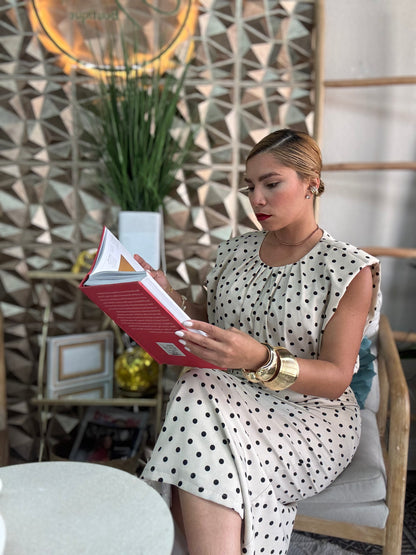Executive set dress, sleeveless polka-dot midi with tie waist and ruffled neck