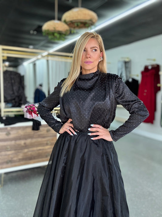 Black speckled long-sleeve turtleneck crop top with high ruched neckline
