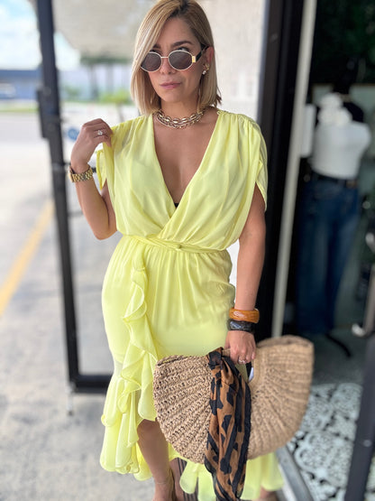 Yellow ruffled V-neck belted dress with tiered skirt and short sleeves