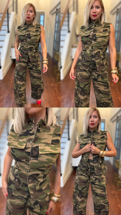 Camo vest and pants set, multiple angles showing button-front and flap pockets