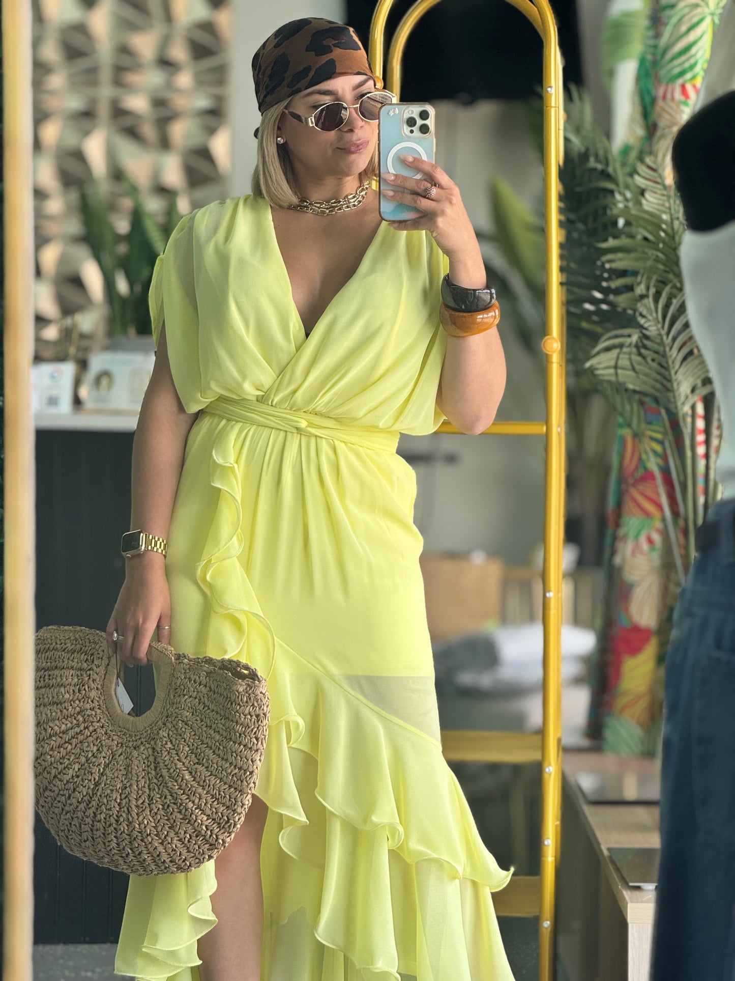 Yellow ruffled V-neck belted dress with tiered skirt, mirror selfie crop