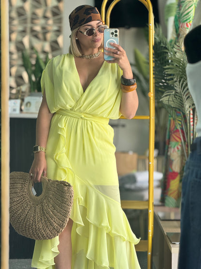 Yellow ruffled V-neck belted dress with tiered skirt, mirror selfie crop