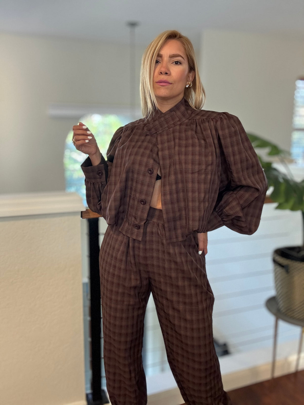 Brown plaid button-front top with gathered cuffs and matching pants