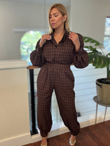 Brown plaid long-sleeve collared top with puff sleeves and matching jogger pants