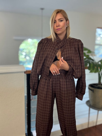 Brown plaid matching top and jogger pants with button placket