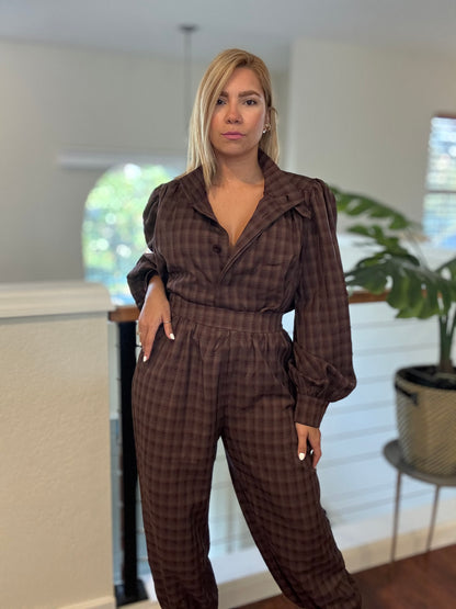 Brown plaid long-sleeve top and matching pants, button front and belted waist